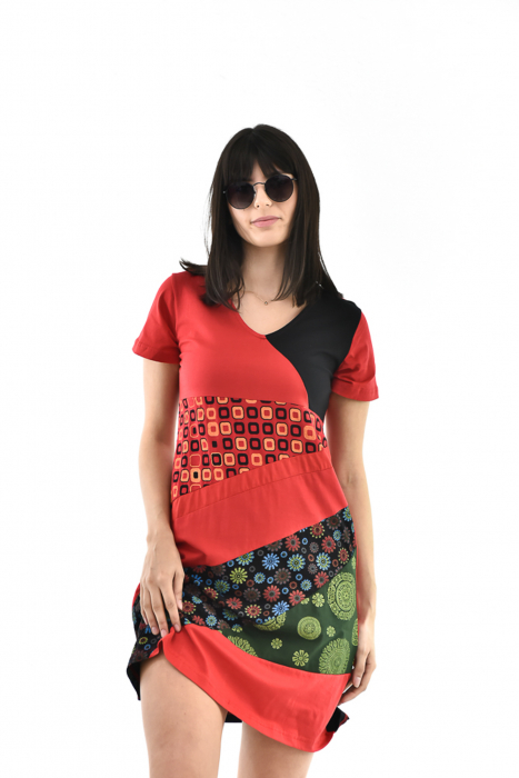 Rochie scurta din bumbac cu print divers - Rosu cu Negru [11]