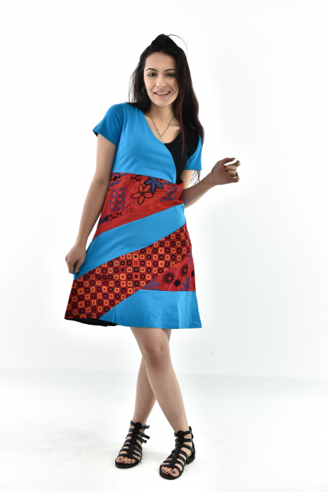 Rochie scurta din bumbac cu print divers - Rosu cu Negru [2]