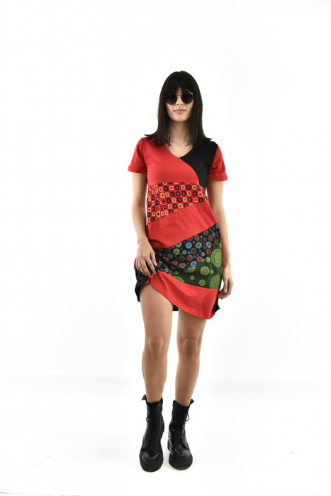 Rochie scurta din bumbac cu print divers - Rosu cu Negru [10]