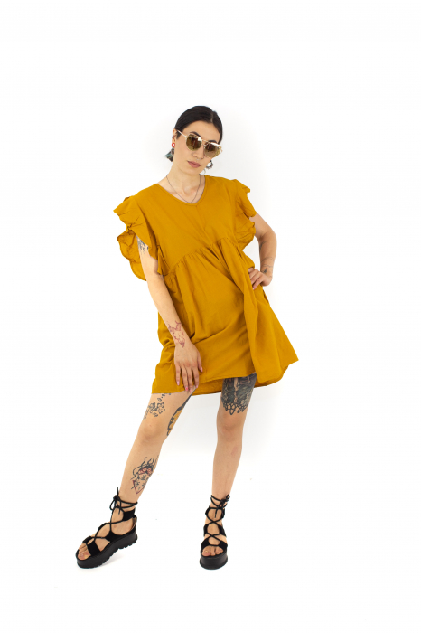 Rochie scurta fara maneci cu volanase - Mustar [2]