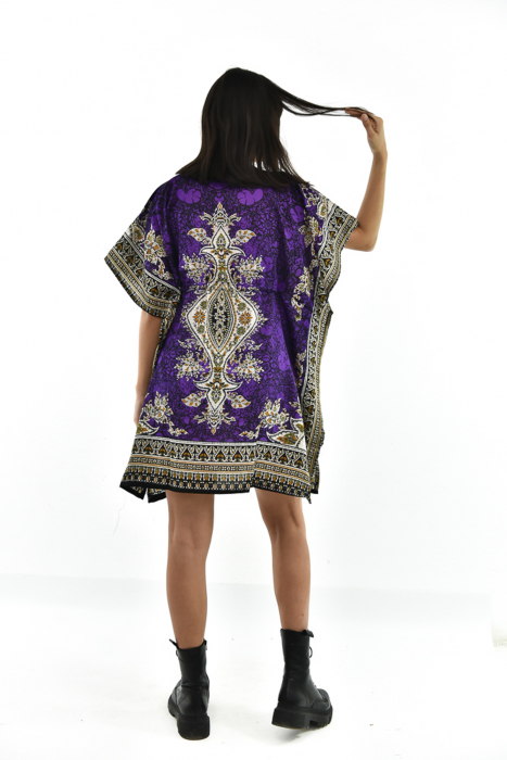 Rochie scurta Kaftan cu print Hindu Galben - Wine [9]