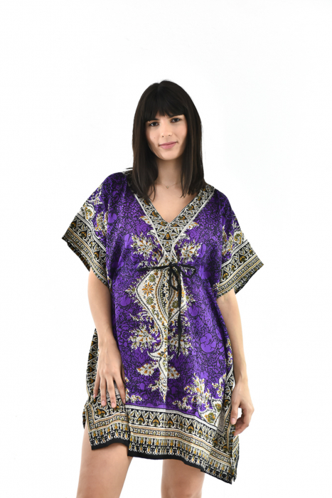 Rochie scurta Kaftan cu print Hindu Galben - Wine [3]