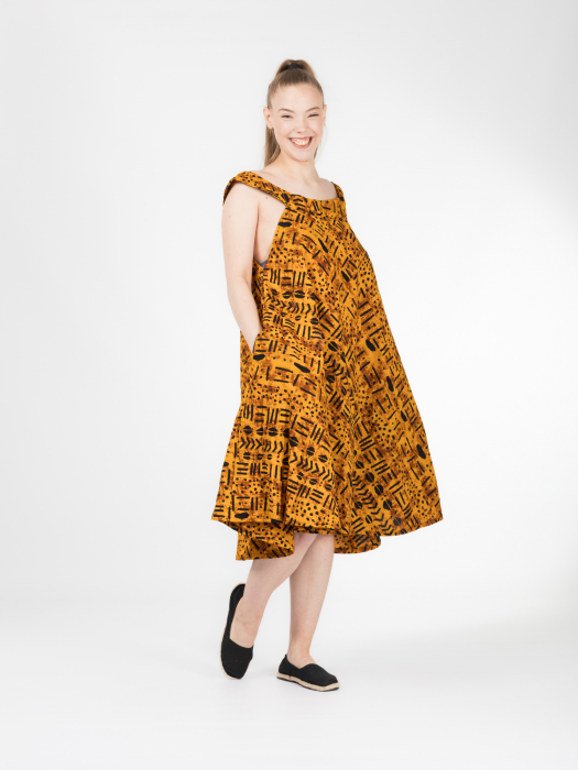 Rochie Kifaru (piesa unicat) din bumbac cu imprimeu african și bretele din dantelă - Galben [5]