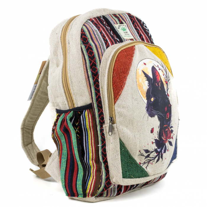 Rucsac mare din canepa si bumbac cu print artistic - Black Cat [3]