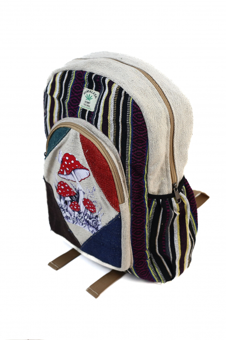 Rucsac mare din canepa si bumbac cu print artistic - Ciuperci Fermecate si Fluturi [2]