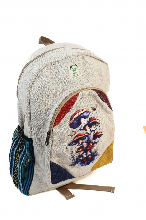 Rucsac mare din canepa si bumbac cu print artistic - Ciupercile Padurii Fermecate [2]