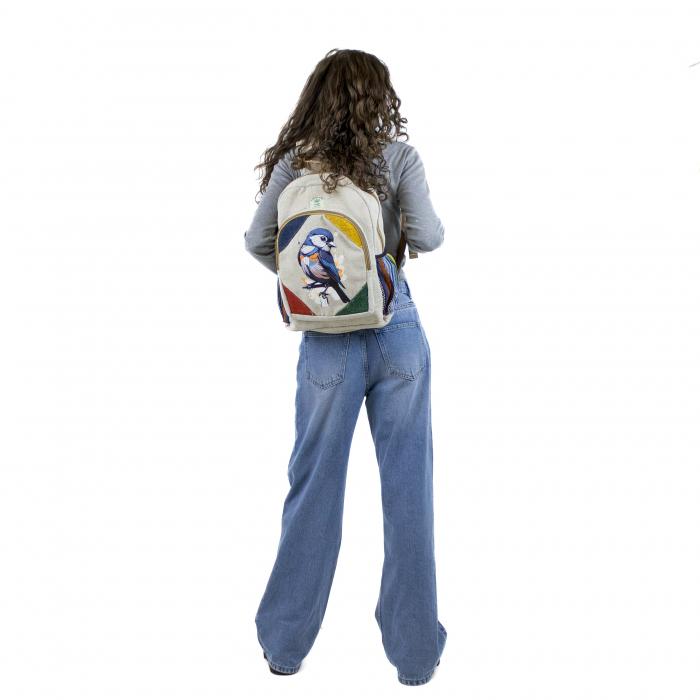 Rucsac mare din canepa si bumbac cu print artistic - Cute little bird [2]