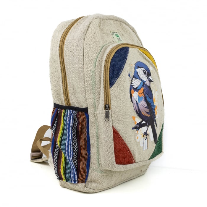 Rucsac mare din canepa si bumbac cu print artistic - Cute little bird [3]