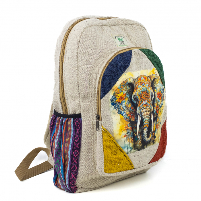 Rucsac mare din canepa si bumbac cu print artistic - Elefant sacru si lotusul [3]