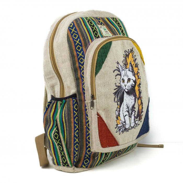 Rucsac mare din canepa si bumbac cu print artistic - White Cat [3]