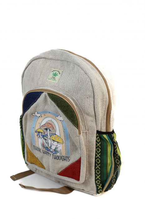 Rucsac mare din canepa si bumbac cu print artistic - Mushroom, Think Happy Thoughts [2]