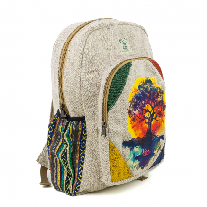 Rucsac mare din canepa si bumbac cu print artistic - Tree of Life si Lotus [2]
