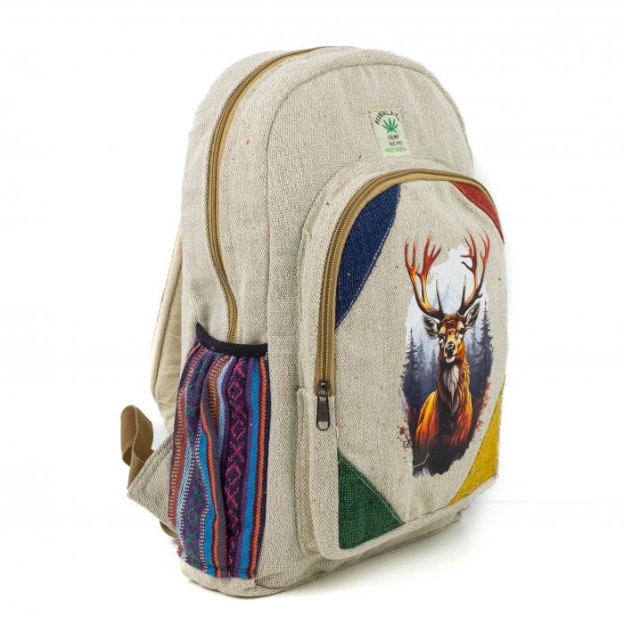 Rucsac mare din canepa si bumbac cu print artistic - Cerb in decor de iarna feerica [3]
