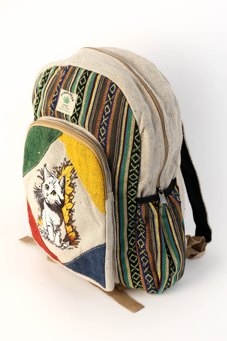 Rucsac mare din canepa si bumbac cu print artistic - White Cat [2]