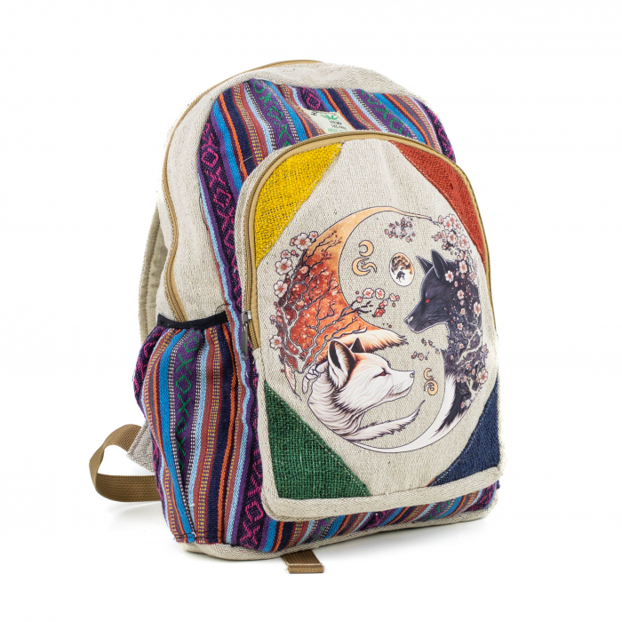 Rucsac mare din canepa si bumbac cu print artistic - Vulpe - White (Yin) & Black (Yang) [4]