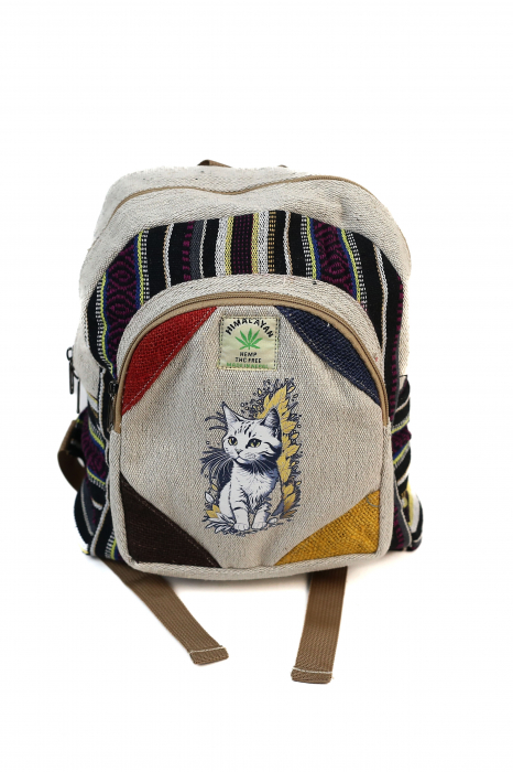 Rucsac Mic din Canepa si Bumbac cu Print Artistic - White Cat [1]