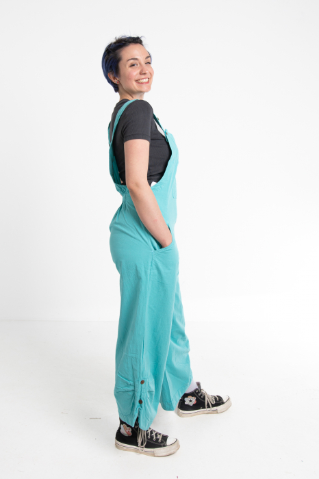 Salopetă Boho Într-o Culoare cu Bretele Reglabile, Elastic în Talie și Croi Lejer - Turquoise [6]