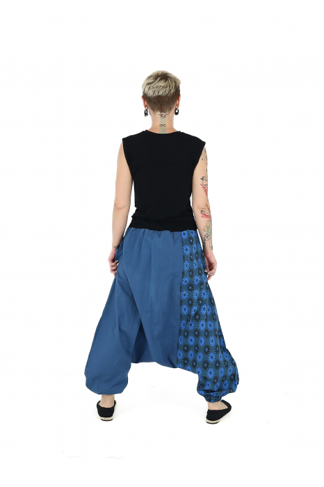 Salvari din bumbac cu broderie florala si banda neagra in talie - Teal [5]