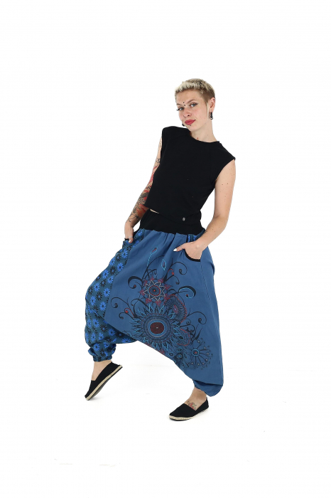 Salvari din bumbac cu broderie florala si banda neagra in talie - Teal [4]