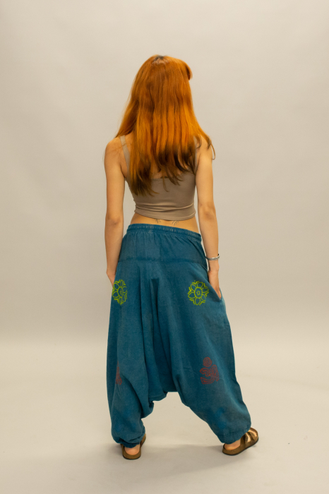 Șalvari din bumbac într-o culoare cu print discret, Om și Mandala - Teal [7]