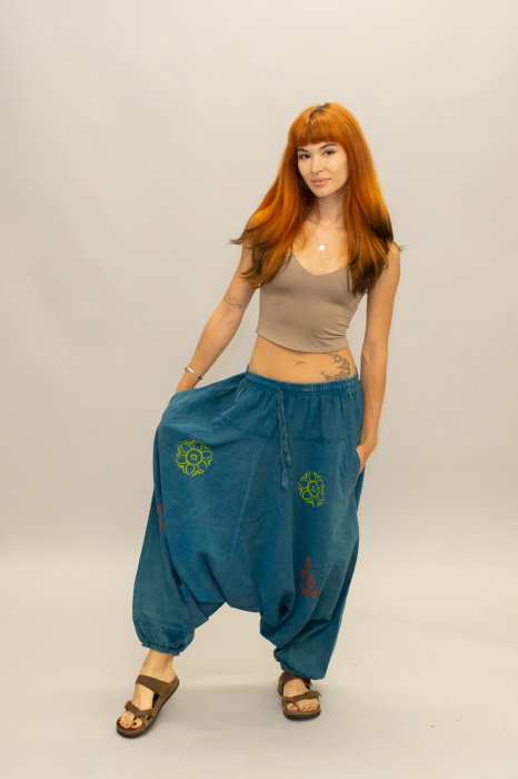 Șalvari din bumbac într-o culoare cu print discret, Om și Mandala - Teal [3]