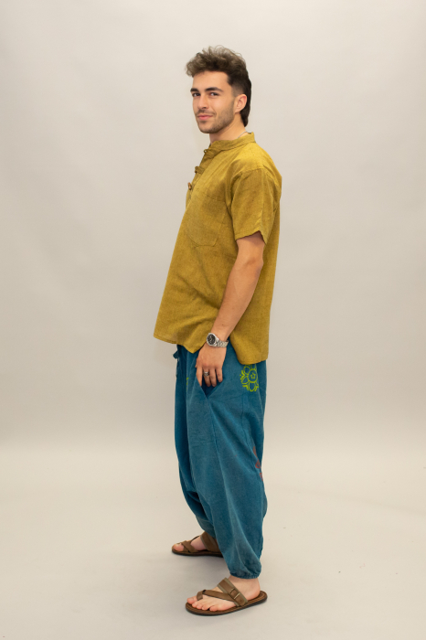 Șalvari din bumbac într-o culoare cu print discret, Om și Mandala - Teal [4]
