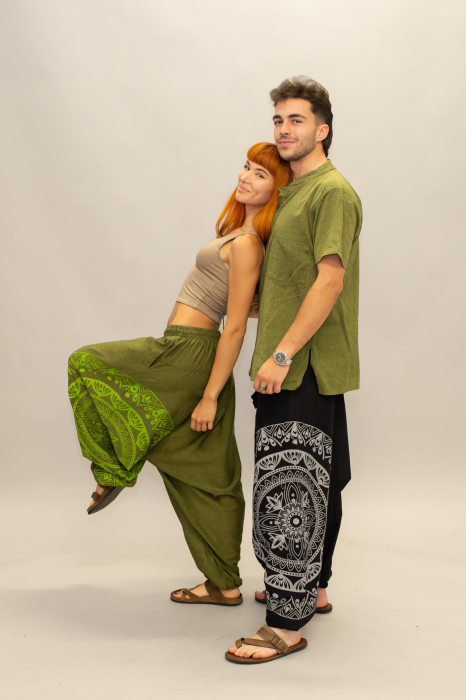 Șalvari din bumbac într-o culoare cu print Mandala - Negru [2]