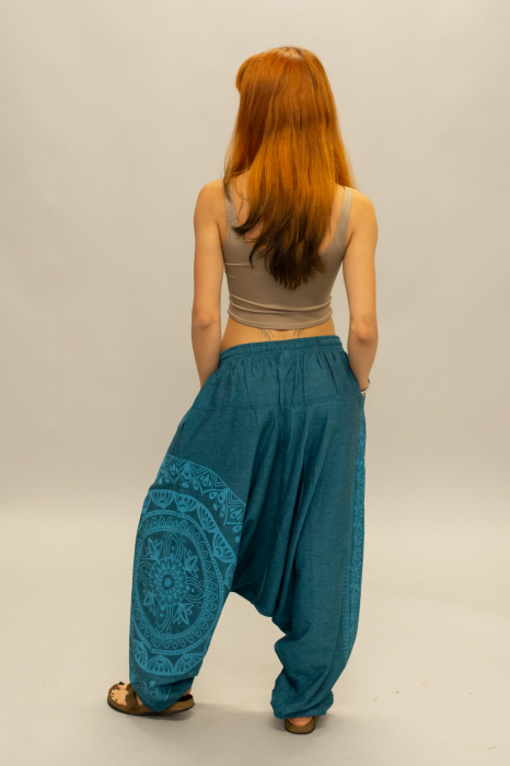 Șalvari din bumbac într-o culoare cu print Mandala - Teal [7]