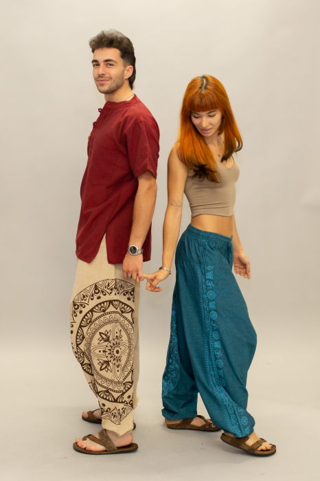 Șalvari din bumbac într-o culoare cu print Mandala - Teal [2]