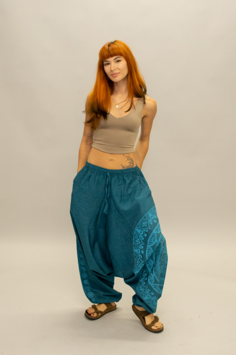 Șalvari din bumbac într-o culoare cu print Mandala - Teal [4]