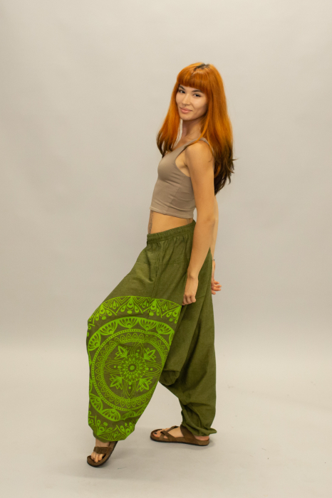 Șalvari din bumbac într-o culoare cu print Mandala - Verde [5]