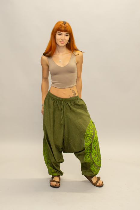 Șalvari din bumbac într-o culoare cu print Mandala - Verde [3]