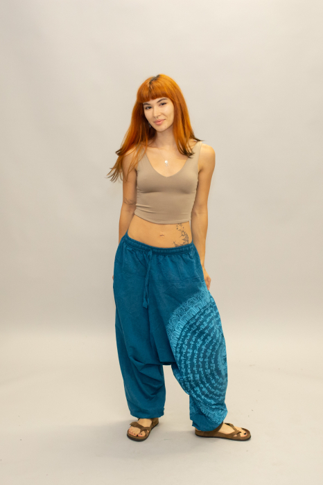 Șalvari din bumbac într-o culoare cu print Mantra - Teal [3]