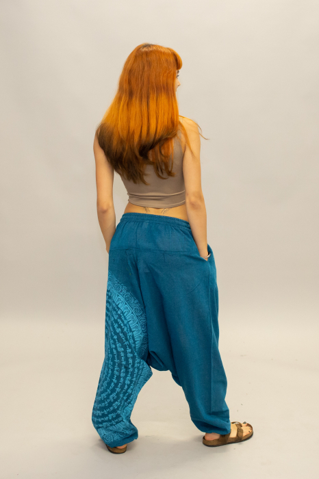 Șalvari din bumbac într-o culoare cu print Mantra - Teal [7]