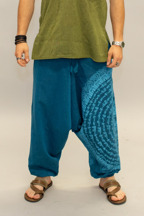 Șalvari din bumbac într-o culoare cu print Mantra - Teal [2]