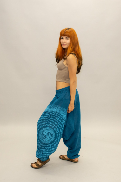 Șalvari din bumbac într-o culoare cu print Mantra - Teal [5]