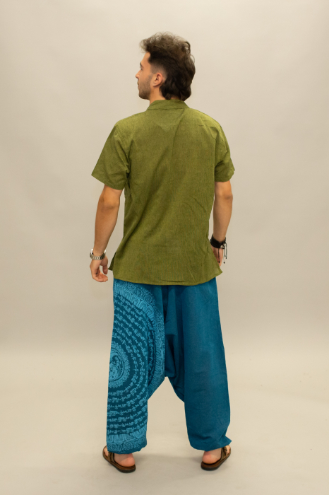 Șalvari din bumbac într-o culoare cu print Mantra - Teal [9]