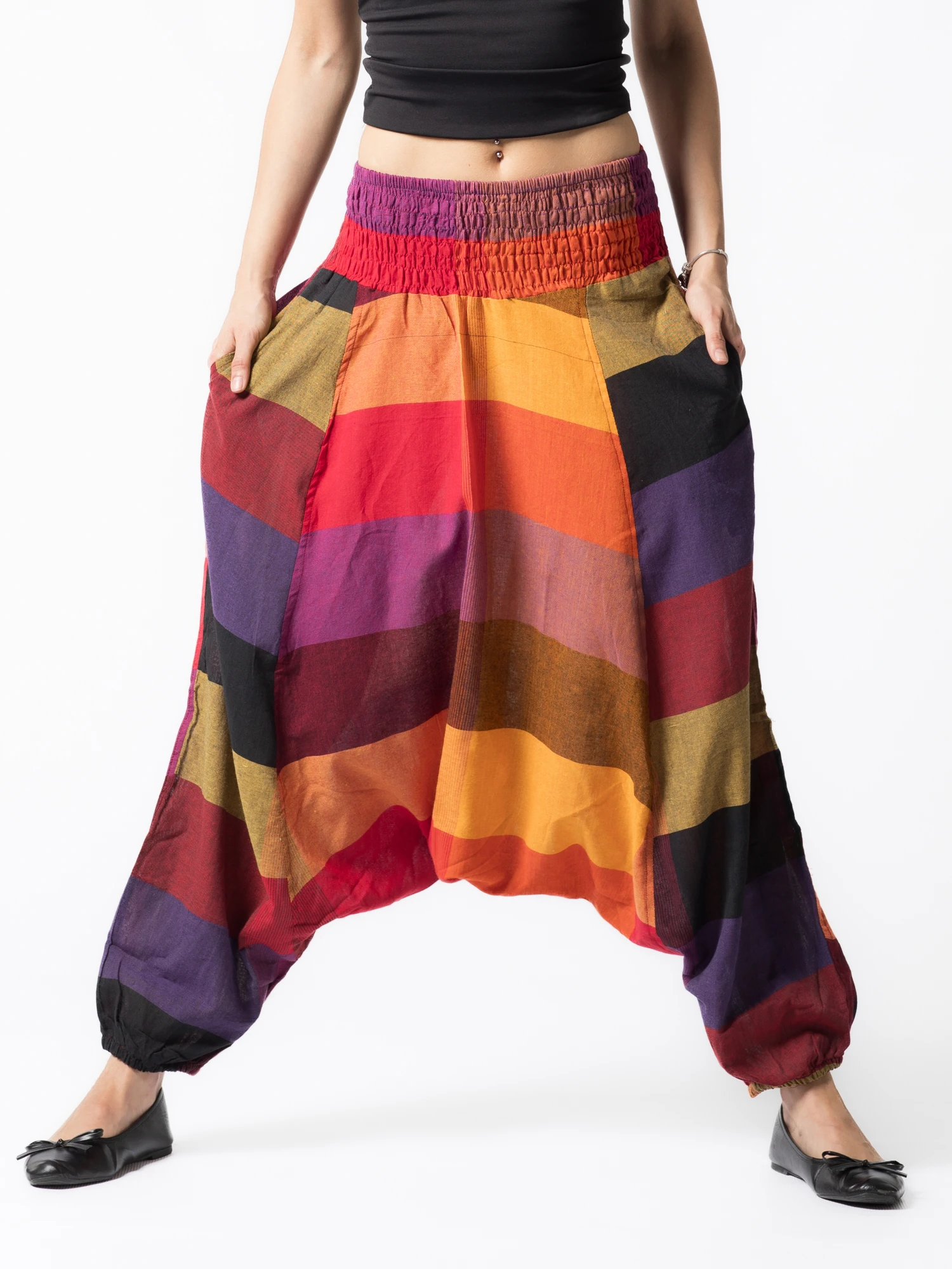 Șalvari din bumbac multicolori cu bandă lată în talie - Multicolor (produse unicat - diferă nuanțele și ordinea culorilor) [1]