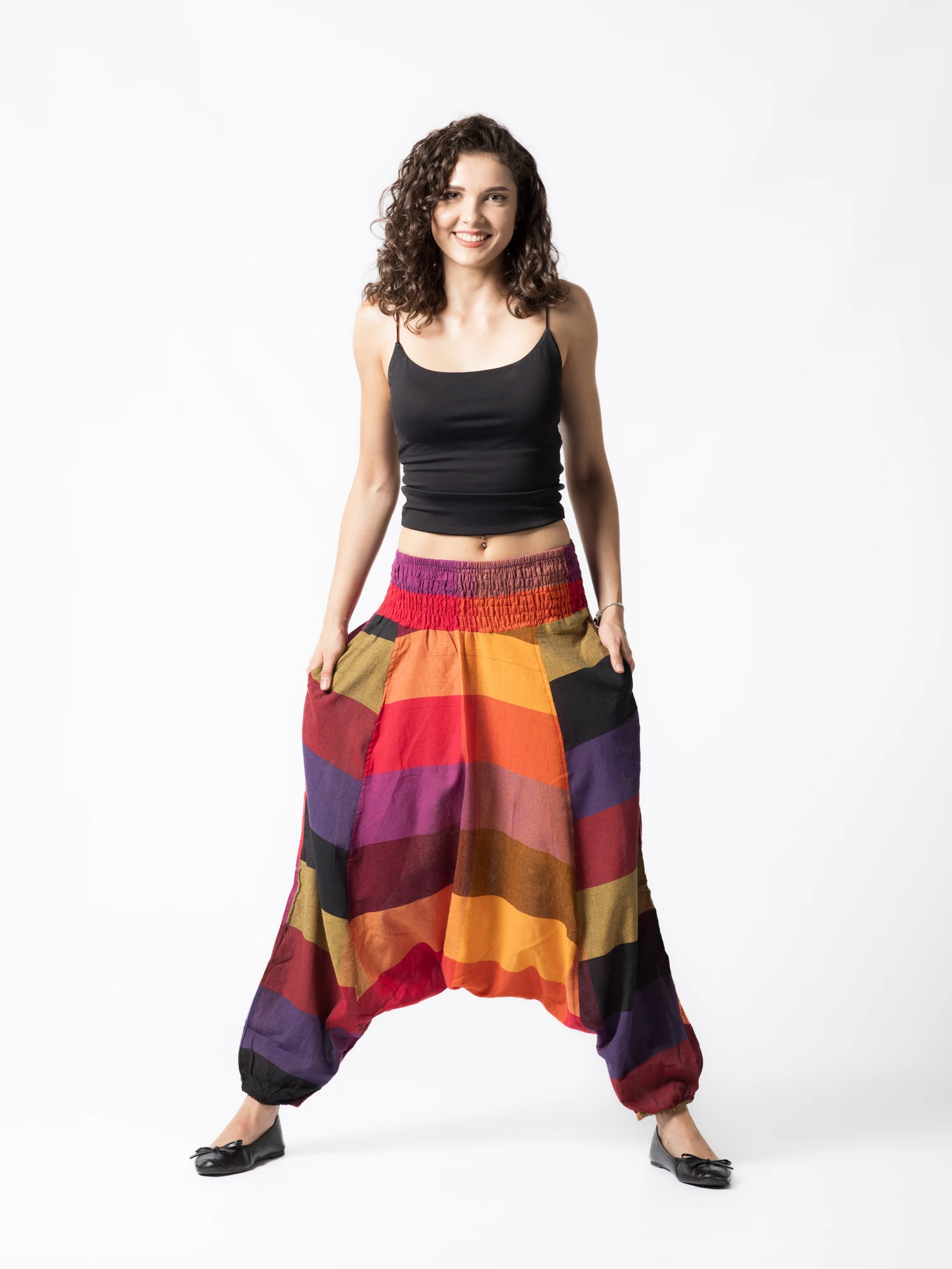 Șalvari din bumbac multicolori cu bandă lată în talie - Multicolor (produse unicat - diferă nuanțele și ordinea culorilor) [6]