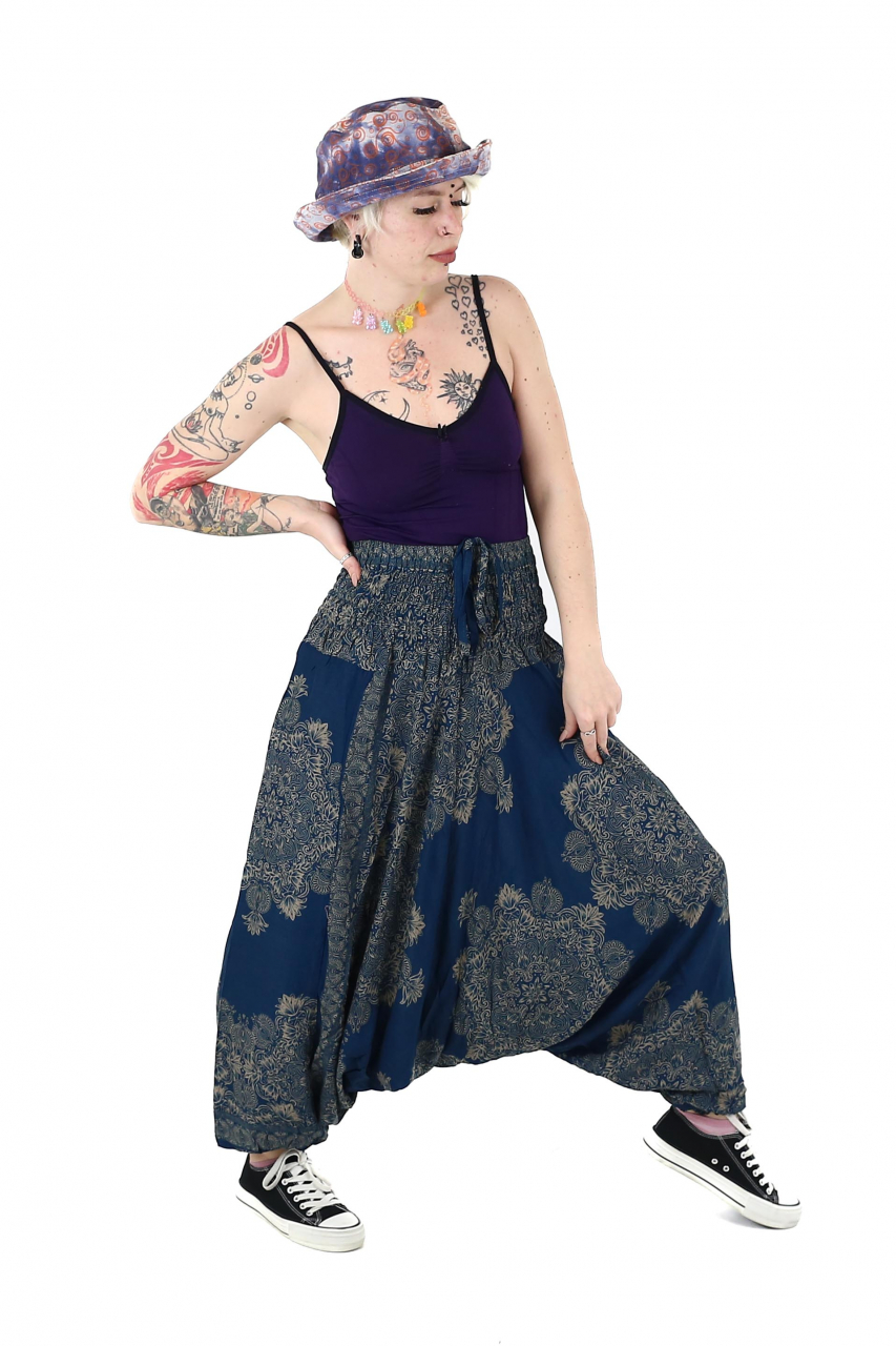 Salvari din material fluid cu croi lejer - Teal [3]