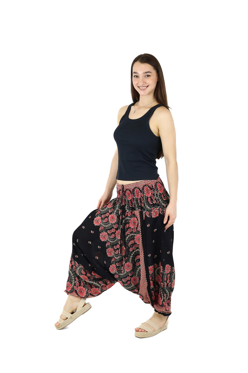 Salvari din material fluid si print floral - Negru [3]