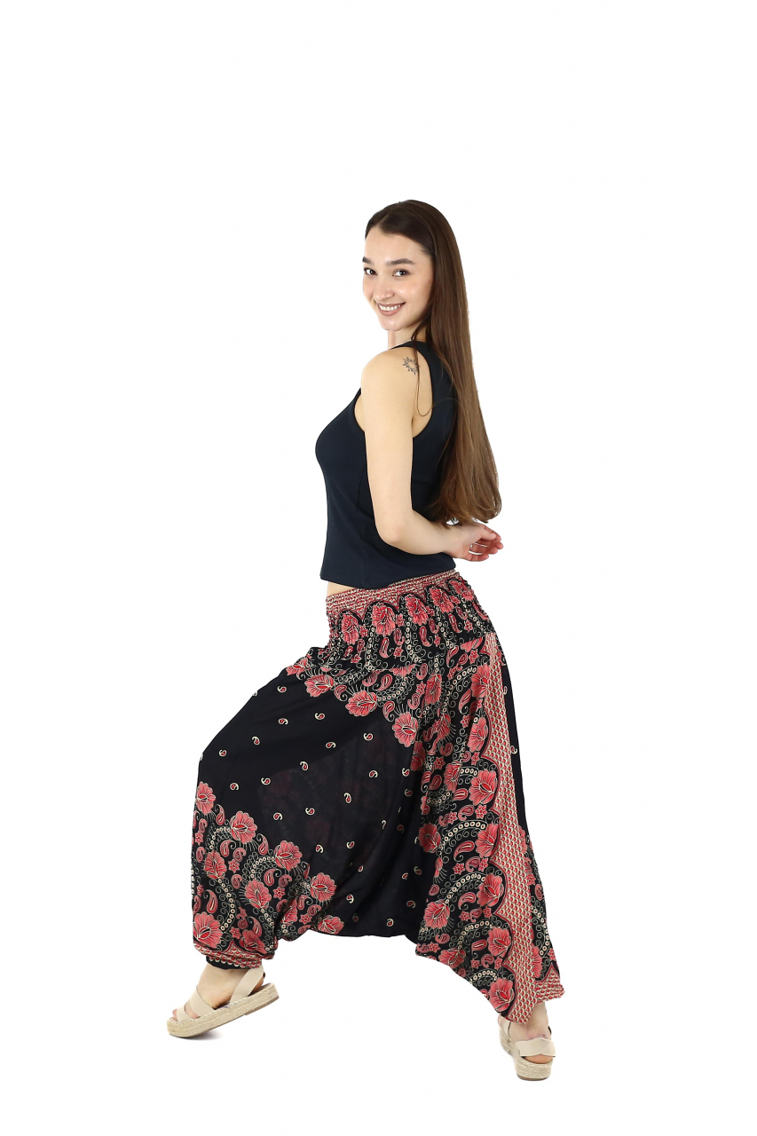 Salvari din material fluid si print floral - Negru [4]