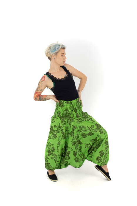 Salvari subtiri cu banda lata si print floral - Verde [3]