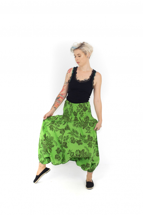Salvari subtiri cu banda lata si print floral - Verde [5]