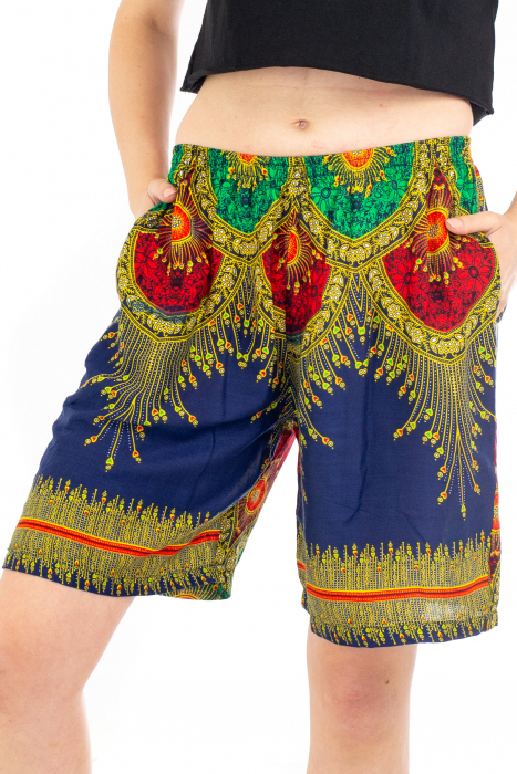 Pantaloni cu banda elastica si motive tip paun - Albastru [1]