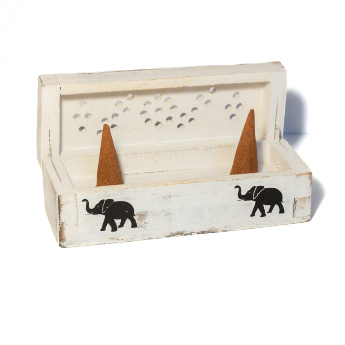 Suport Cutie din Lemn de Mango pentru Conuri Parfumate - Alb (15 cm) [3]
