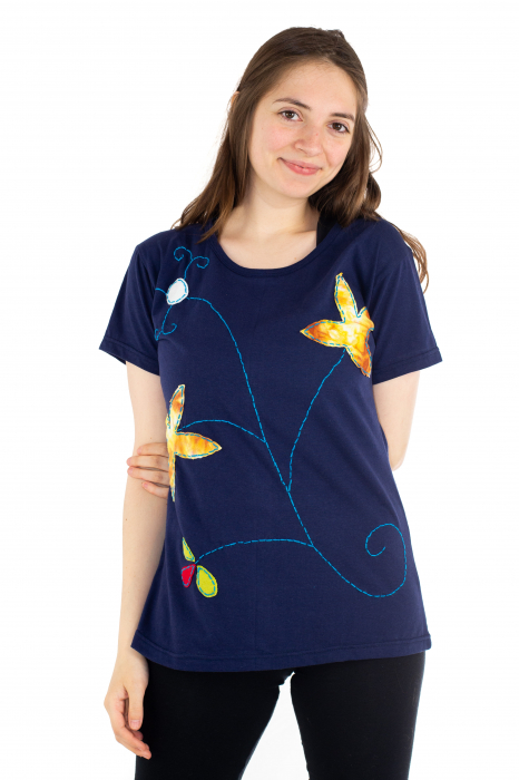 Tricou cu broderie florala - Indigo [2]