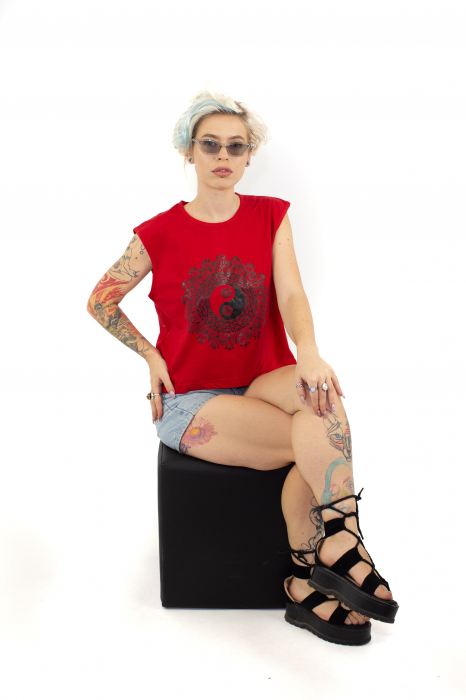 Tricou fara maneci cu print Yin&Yang - Verde [6]