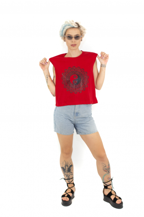 Tricou fara maneci cu print Yin&Yang - Verde [2]