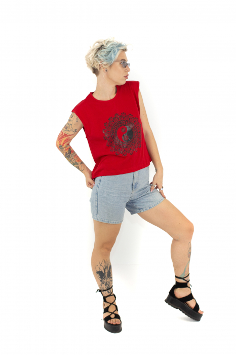 Tricou fara maneci cu print Yin&Yang - Verde [3]